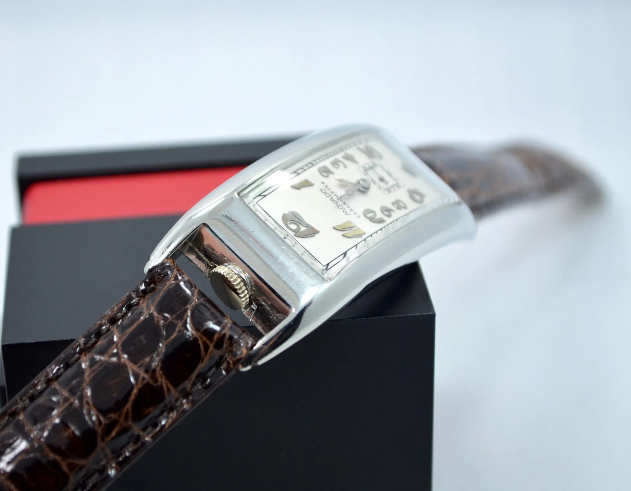 Vintage Movado Polyplan 18K White Gold Large Size Enamel Rectangular Wristwatch
