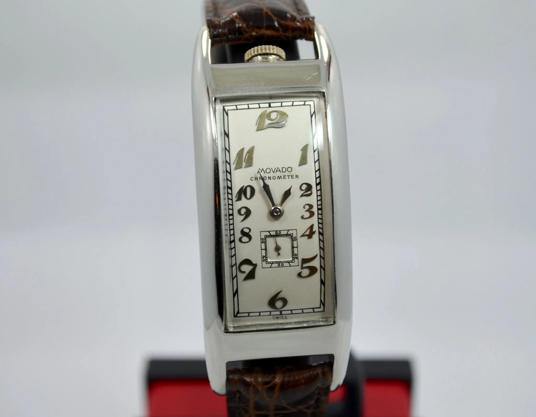Vintage Movado Polyplan 18K White Gold Large Size Enamel Rectangular Wristwatch
