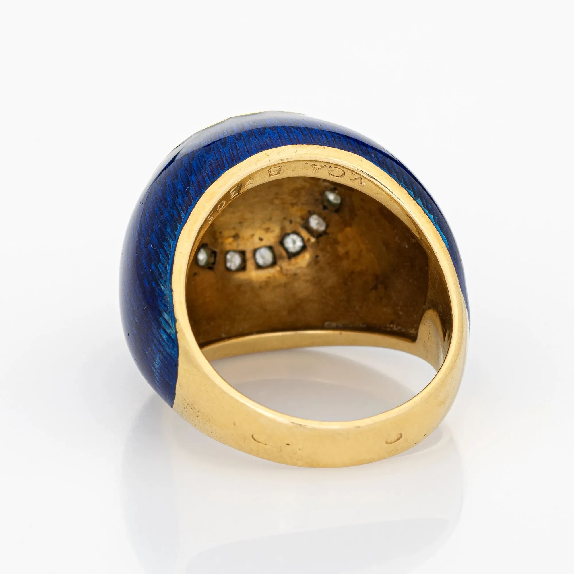 Vintage Van Cleef & Arpels Ring Bombe Blue Enamel Diamond 18k Yellow Gold 5.75