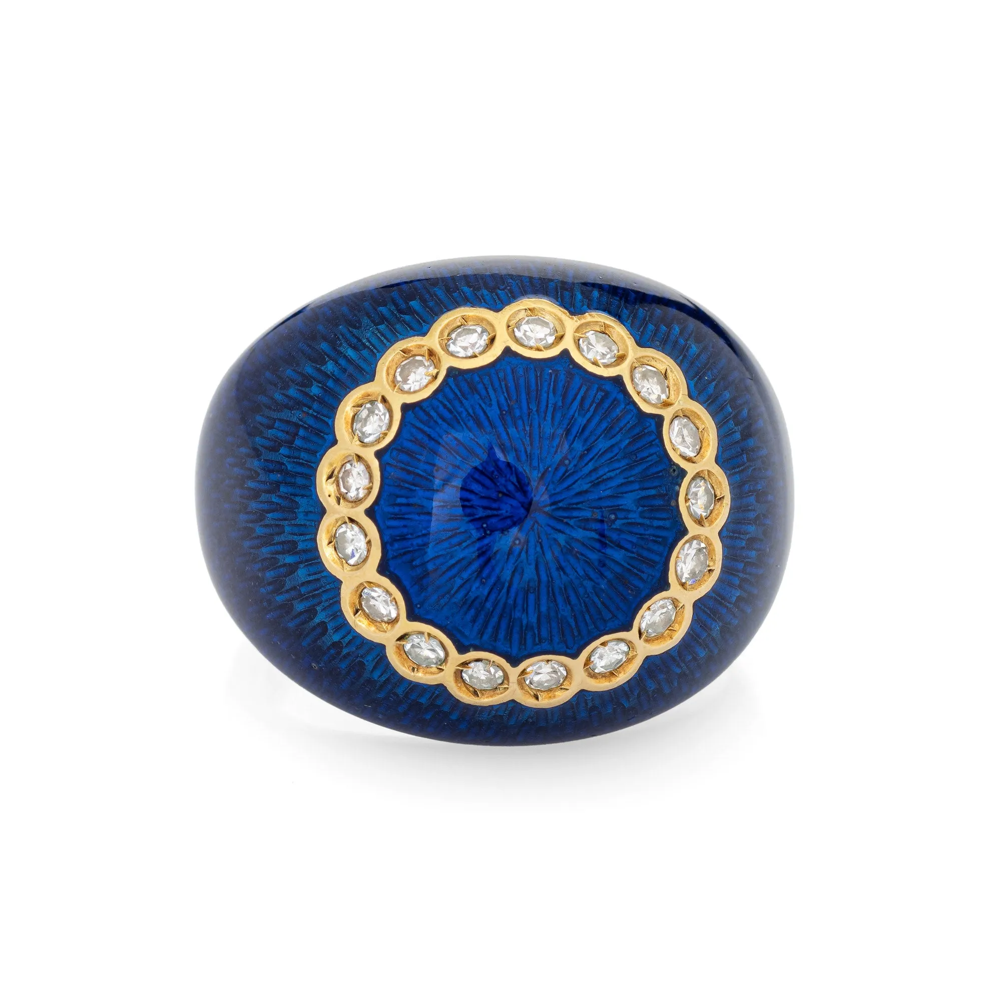 Vintage Van Cleef & Arpels Ring Bombe Blue Enamel Diamond 18k Yellow Gold 5.75