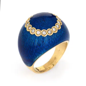 Vintage Van Cleef & Arpels Ring Bombe Blue Enamel Diamond 18k Yellow Gold 5.75
