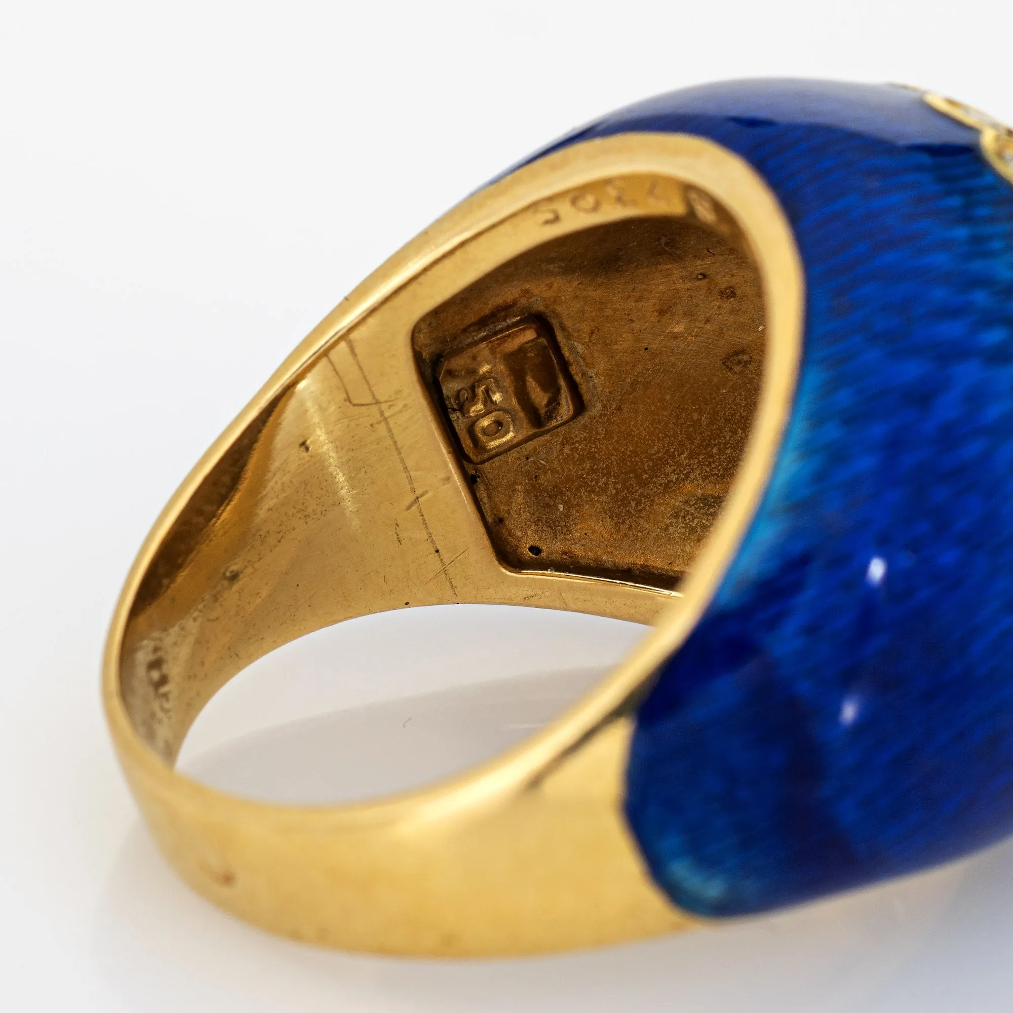 Vintage Van Cleef & Arpels Ring Bombe Blue Enamel Diamond 18k Yellow Gold 5.75