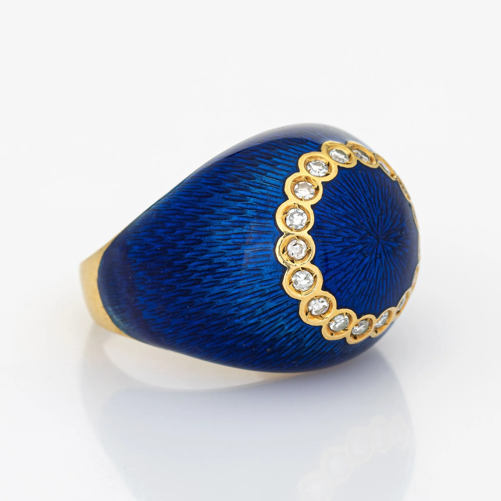 Vintage Van Cleef & Arpels Ring Bombe Blue Enamel Diamond 18k Yellow Gold 5.75