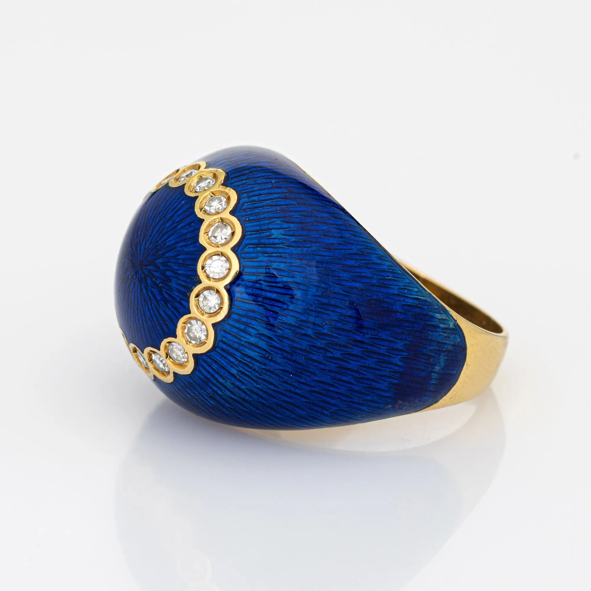 Vintage Van Cleef & Arpels Ring Bombe Blue Enamel Diamond 18k Yellow Gold 5.75