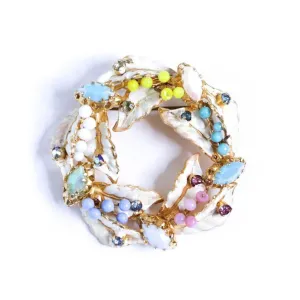 Vintage White Enamel Leaf Brooch with Colorful Pastel Rhinestones