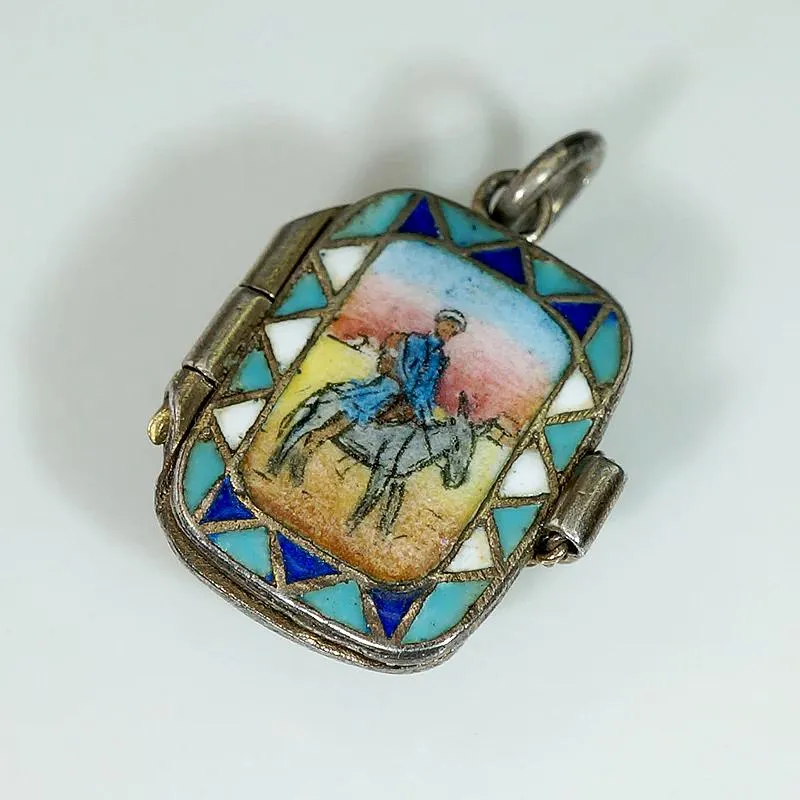 Whimsical Basket Locket Enameled with Man & Donkey