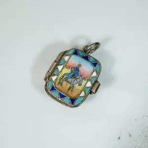 Whimsical Basket Locket Enameled with Man & Donkey