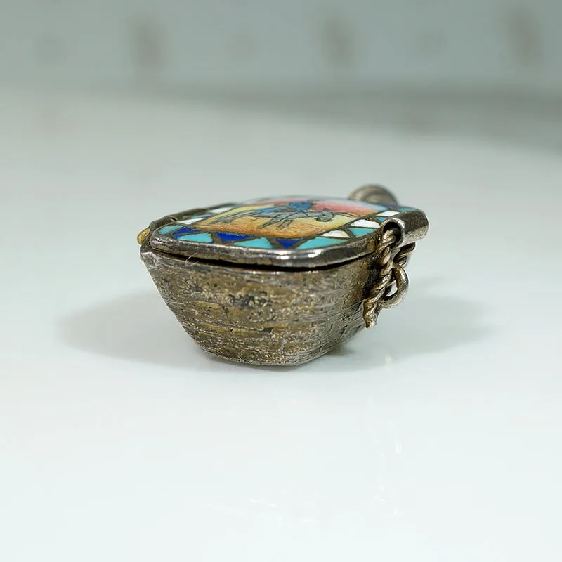 Whimsical Basket Locket Enameled with Man & Donkey