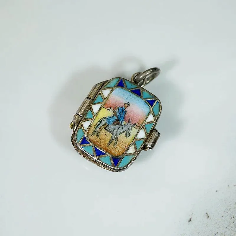 Whimsical Basket Locket Enameled with Man & Donkey