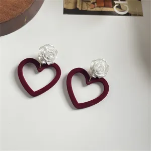 Wine Red Nylon & White Resin Rose Heart Drop Earrings