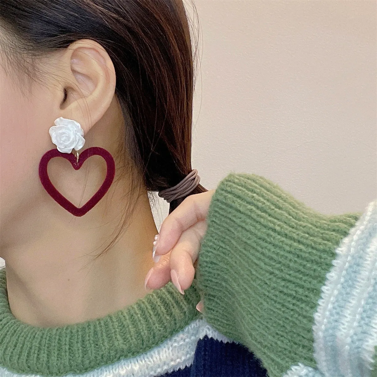 Wine Red Nylon & White Resin Rose Heart Drop Earrings