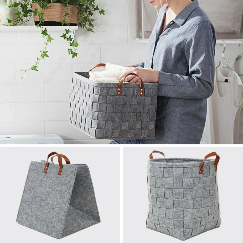 Woven Felt Laundry Basket with Leather Handles