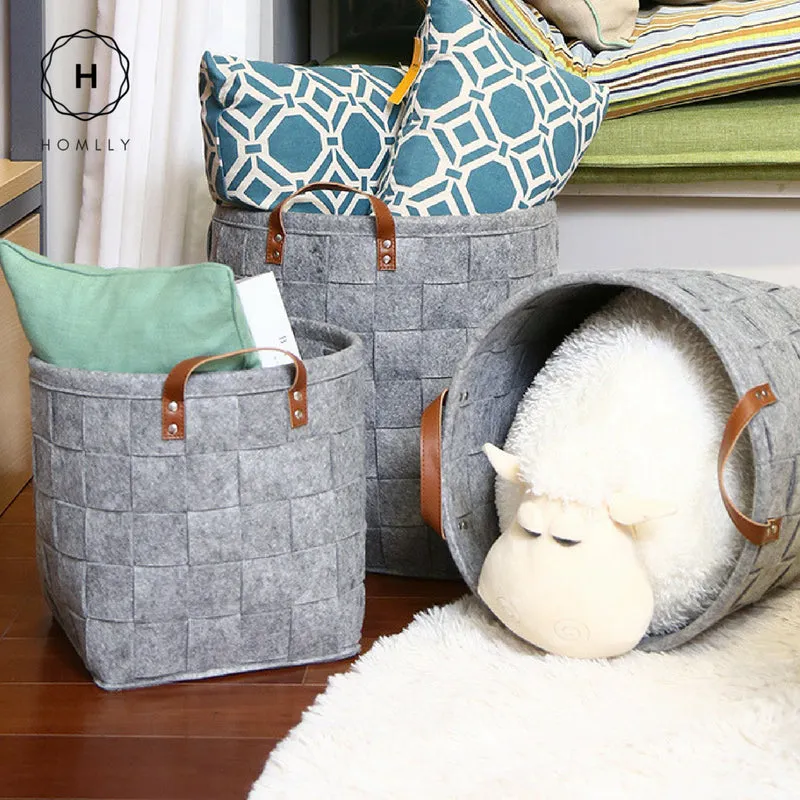 Woven Felt Laundry Basket with Leather Handles