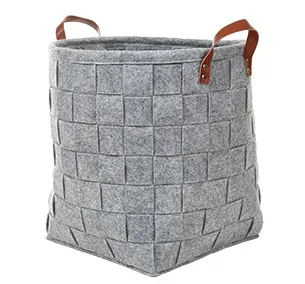 Woven Felt Laundry Basket with Leather Handles